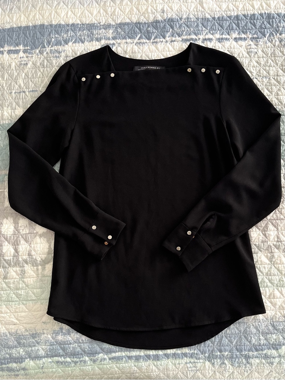 ZARA WOMAN Black Long Sleeve Blouse With Gold Studs 10062